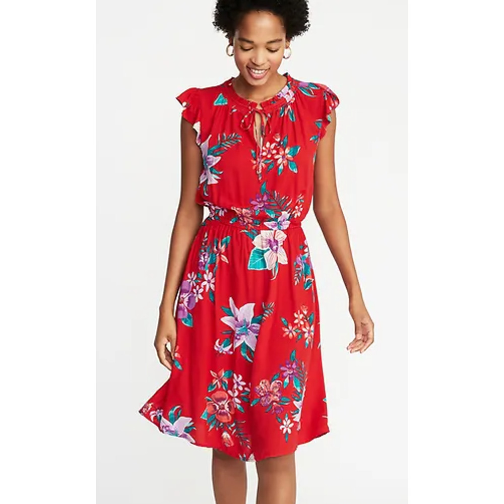 Old Navy Red Floral Waist-Defined Tie Neck Short Sleeve Dress Womans‎ Size XL